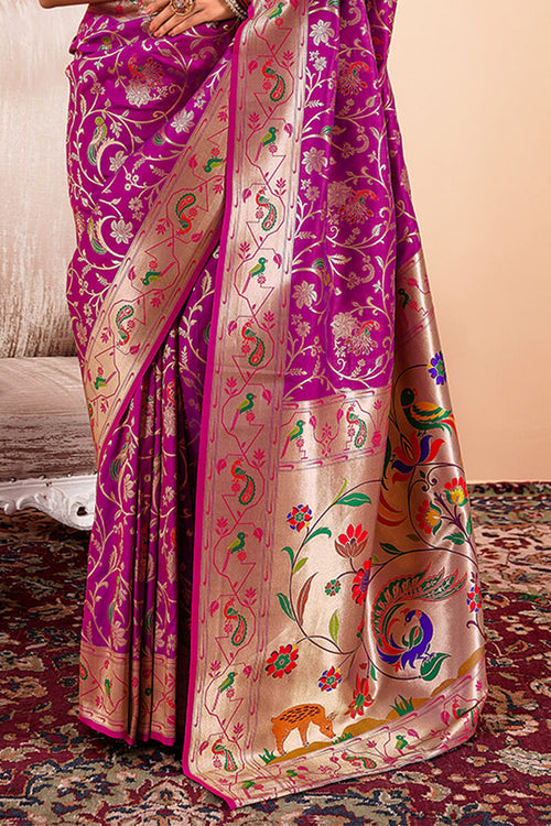 Load image into Gallery viewer, Sizzling Purple Paithani Silk Saree With Adorning Blouse Piece
