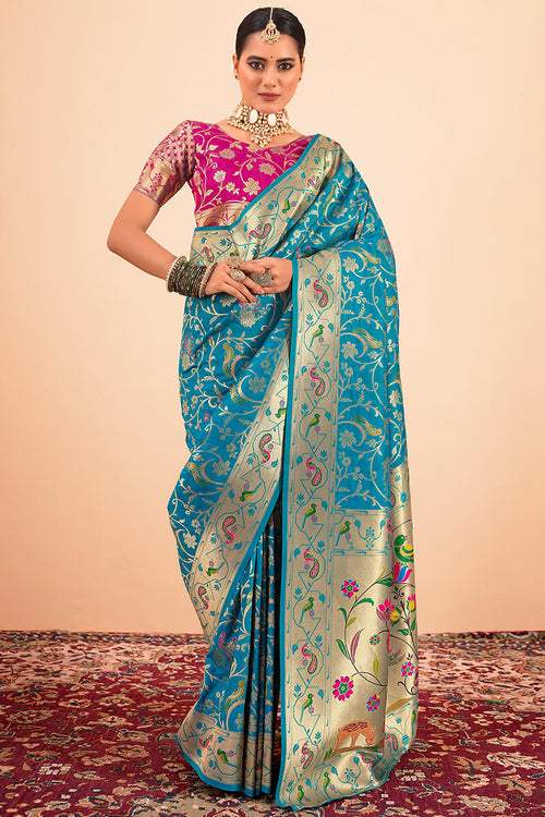 Load image into Gallery viewer, Capricious Firozi Paithani Silk Saree With Girlish Blouse Piece
