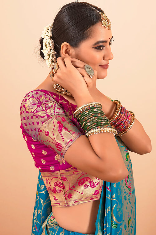 Load image into Gallery viewer, Capricious Firozi Paithani Silk Saree With Girlish Blouse Piece
