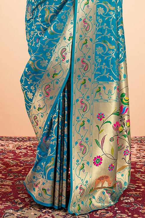 Load image into Gallery viewer, Capricious Firozi Paithani Silk Saree With Girlish Blouse Piece
