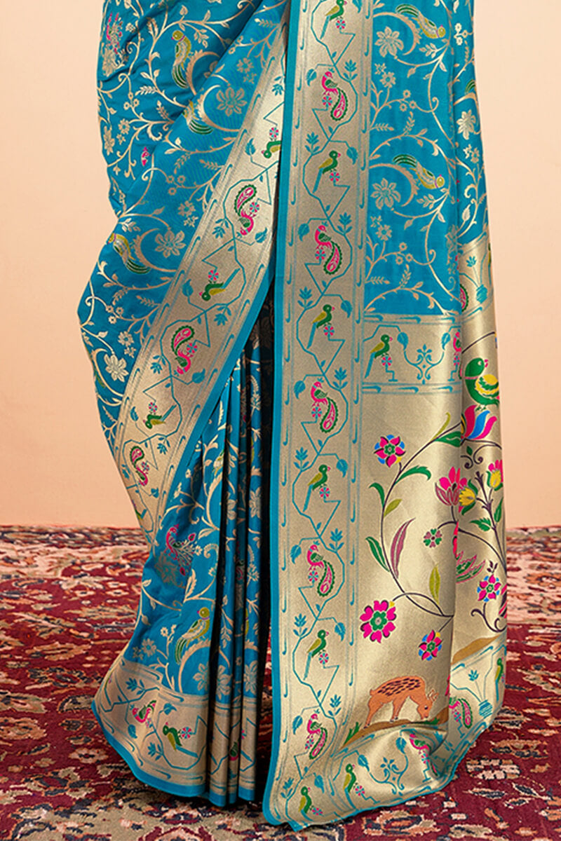 Capricious Firozi Paithani Silk Saree With Girlish Blouse Piece