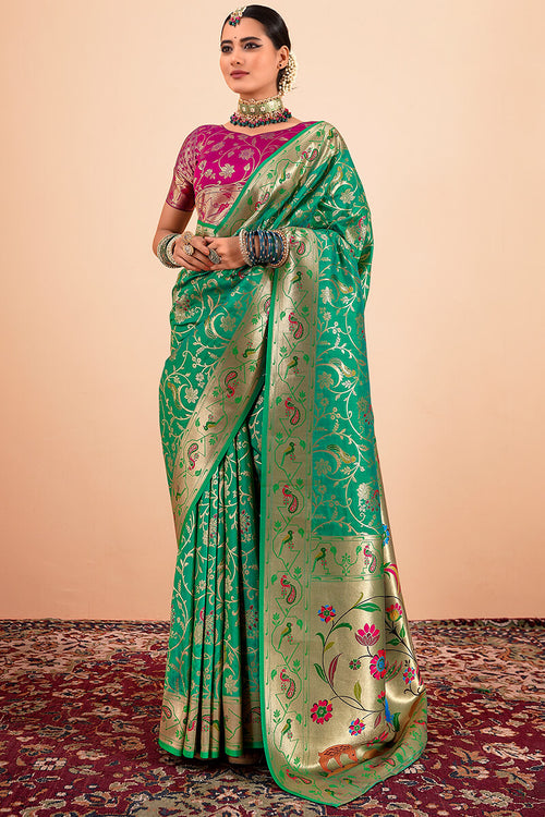 Load image into Gallery viewer, Ethnic Green Paithani Silk Saree With Ravishing Blouse Piece
