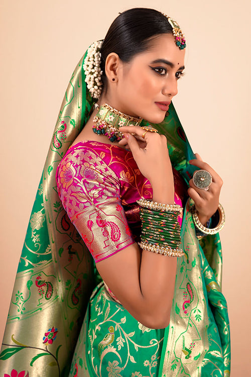 Load image into Gallery viewer, Ethnic Green Paithani Silk Saree With Ravishing Blouse Piece
