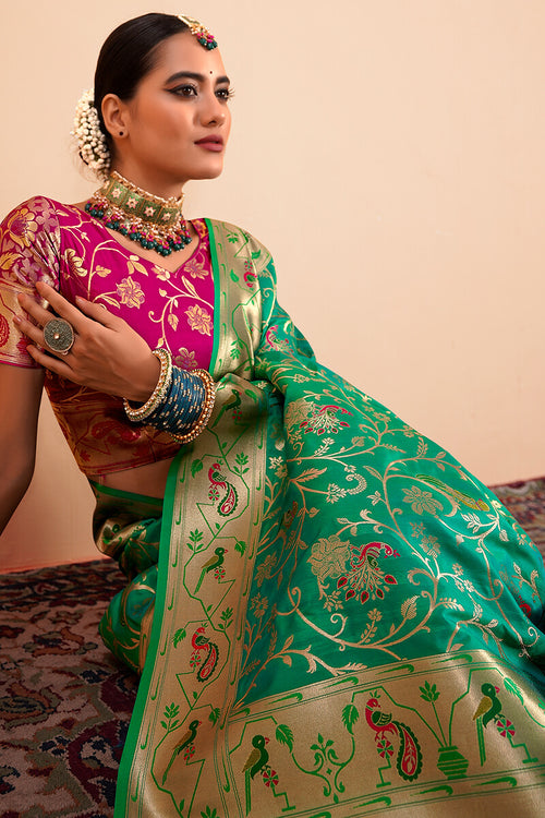 Load image into Gallery viewer, Ethnic Green Paithani Silk Saree With Ravishing Blouse Piece
