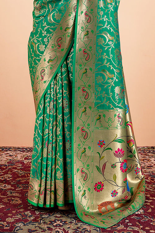 Load image into Gallery viewer, Ethnic Green Paithani Silk Saree With Ravishing Blouse Piece
