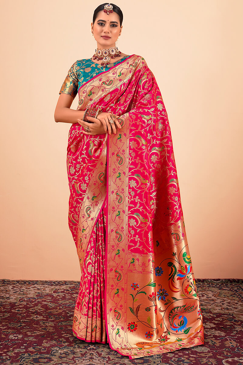 Glorious Dark Pink Paithani Silk Saree With Bewitching Blouse Piece