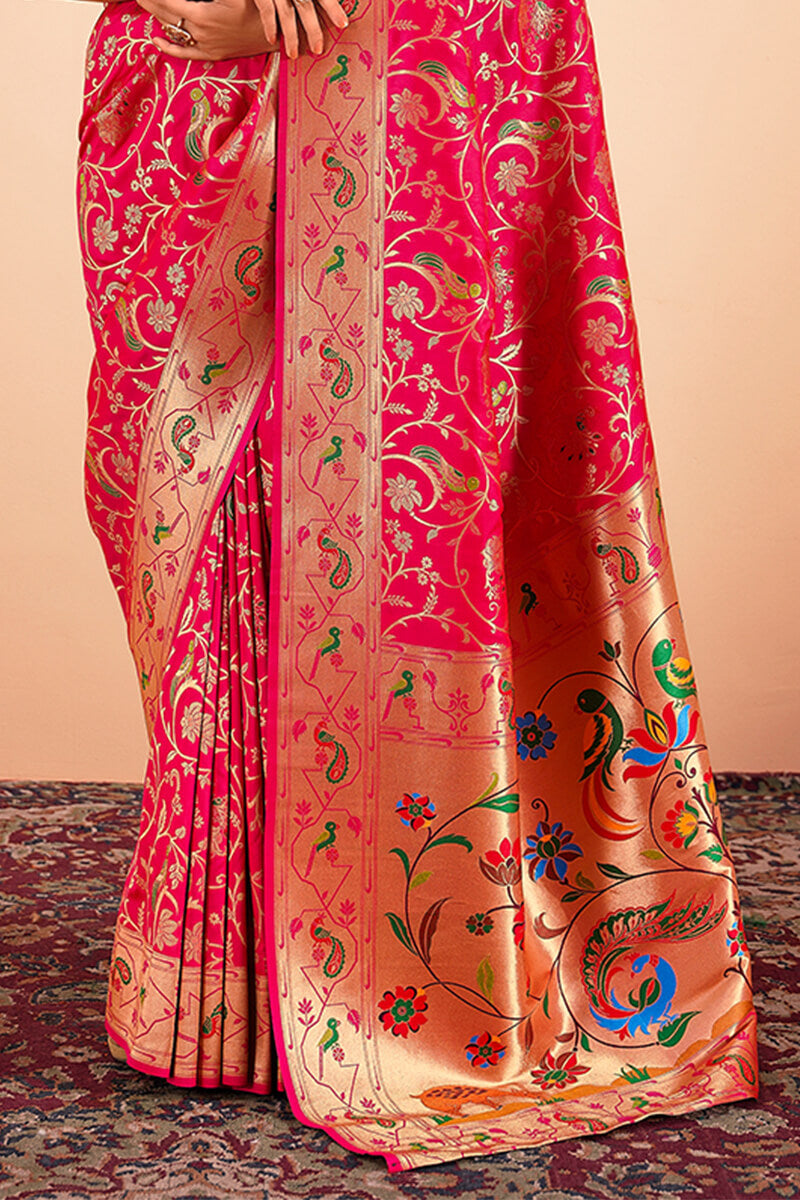 Glorious Dark Pink Paithani Silk Saree With Bewitching Blouse Piece