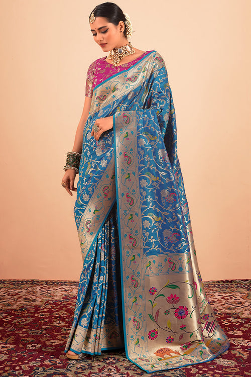 Load image into Gallery viewer, Desuetude Blue Paithani Silk Saree With Tempting Blouse Piece
