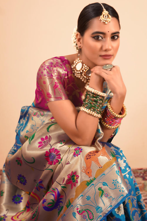 Load image into Gallery viewer, Desuetude Blue Paithani Silk Saree With Tempting Blouse Piece
