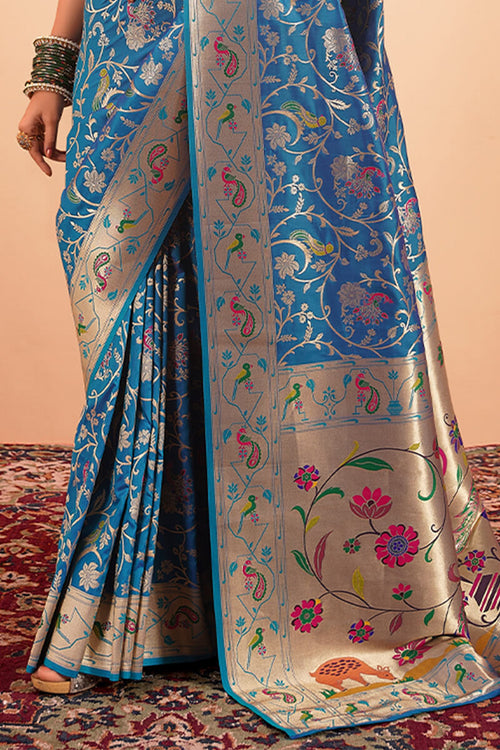 Load image into Gallery viewer, Desuetude Blue Paithani Silk Saree With Tempting Blouse Piece
