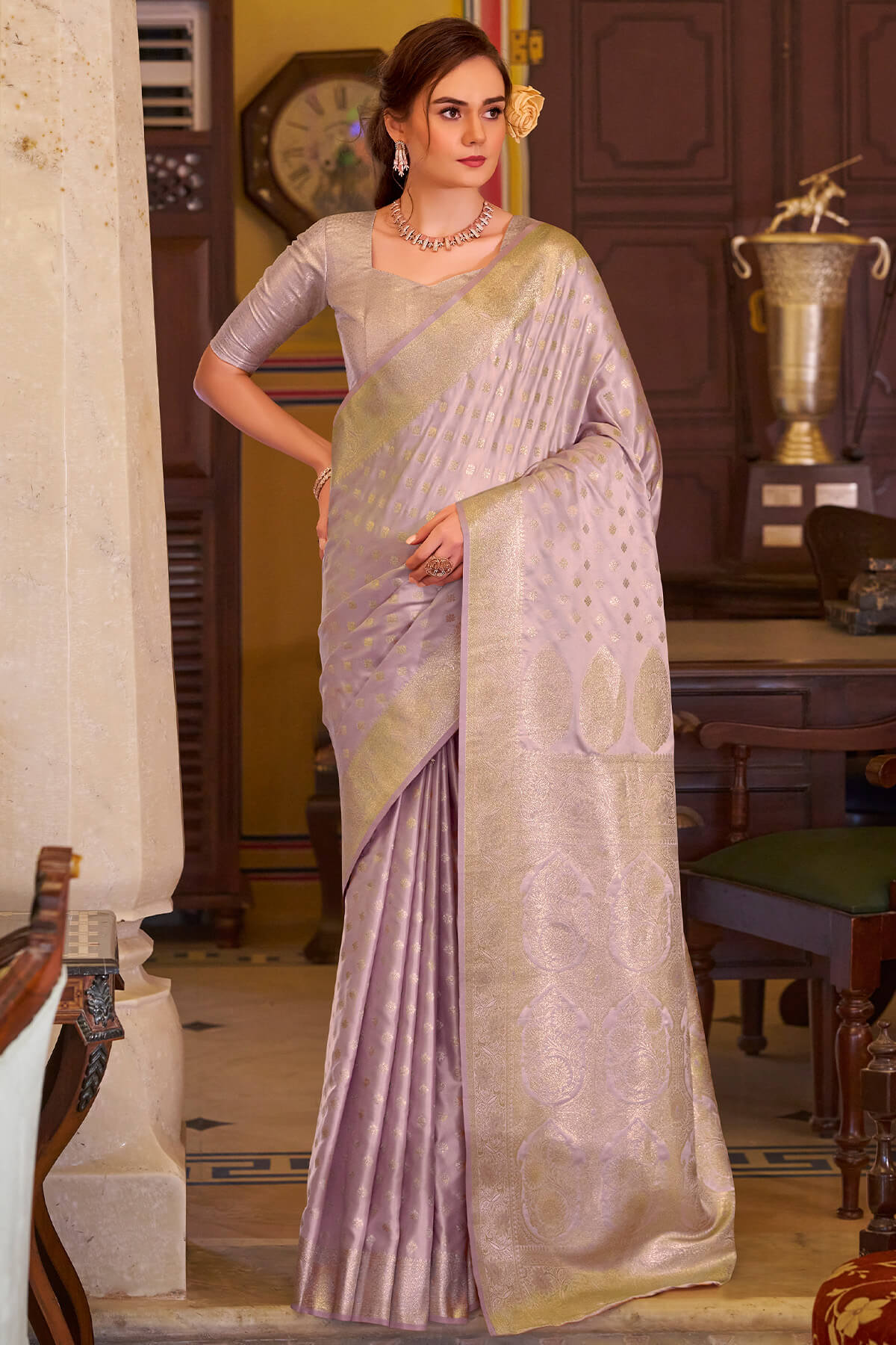 Impressive Lavender Banarasi Satin Silk Saree With Desirable Blouse