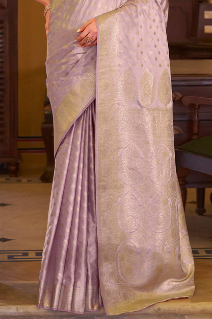 Impressive Lavender Banarasi Satin Silk Saree With Desirable Blouse