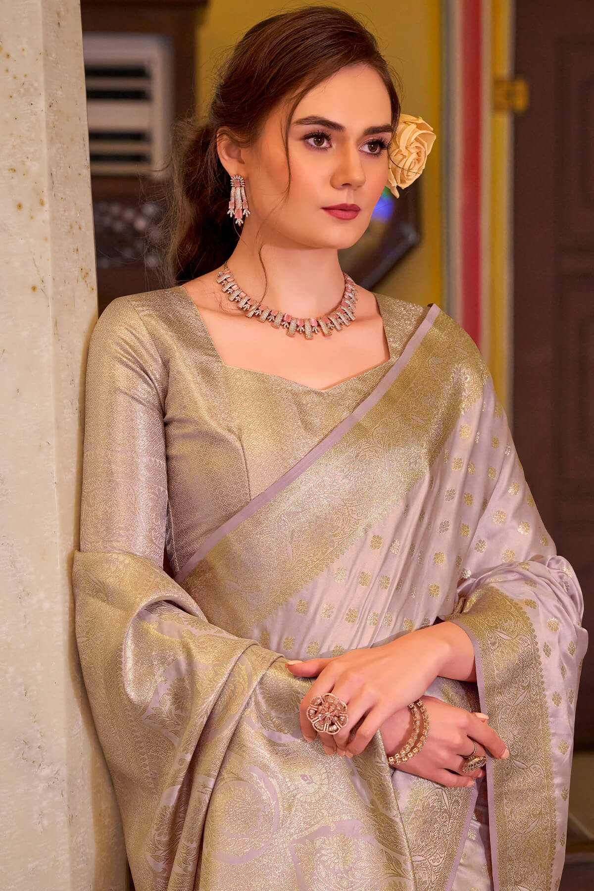 Impressive Lavender Banarasi Satin Silk Saree With Desirable Blouse