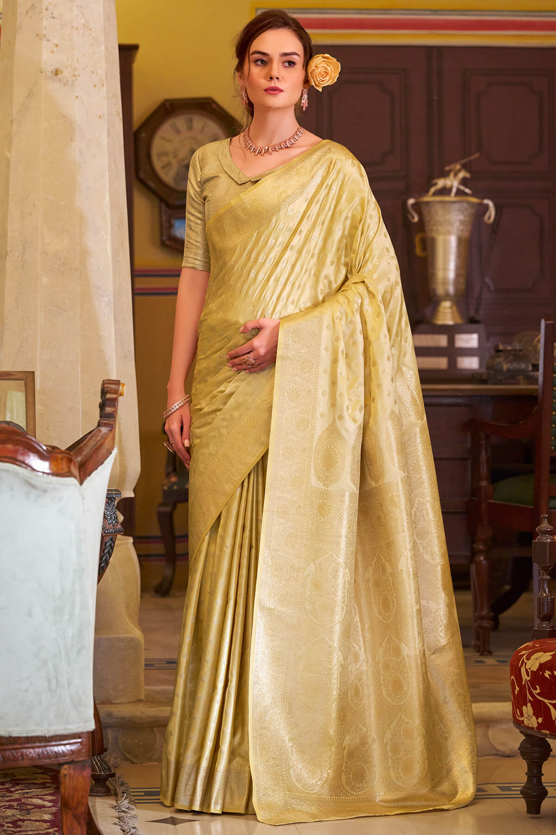 Snazzy Yellow Banarasi Satin Silk Saree With Amazing Blouse