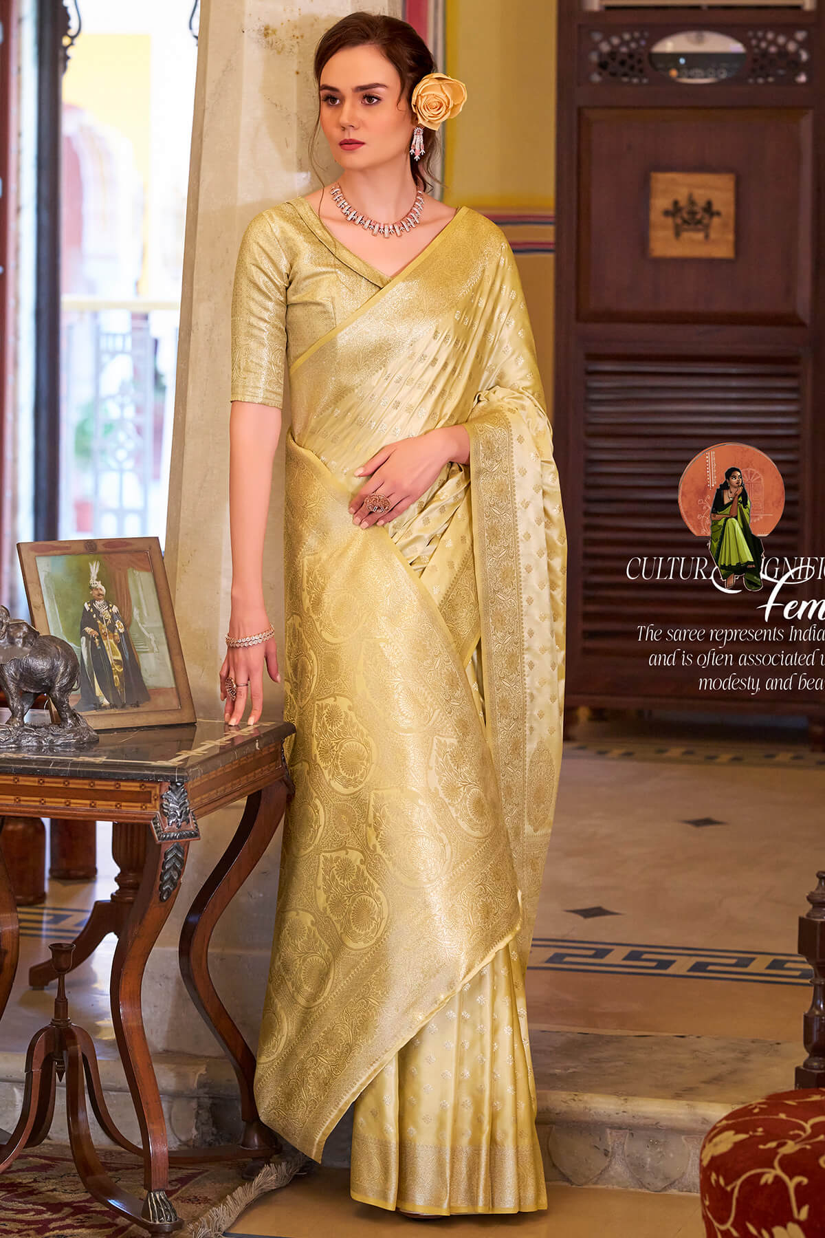 Snazzy Yellow Banarasi Satin Silk Saree With Amazing Blouse