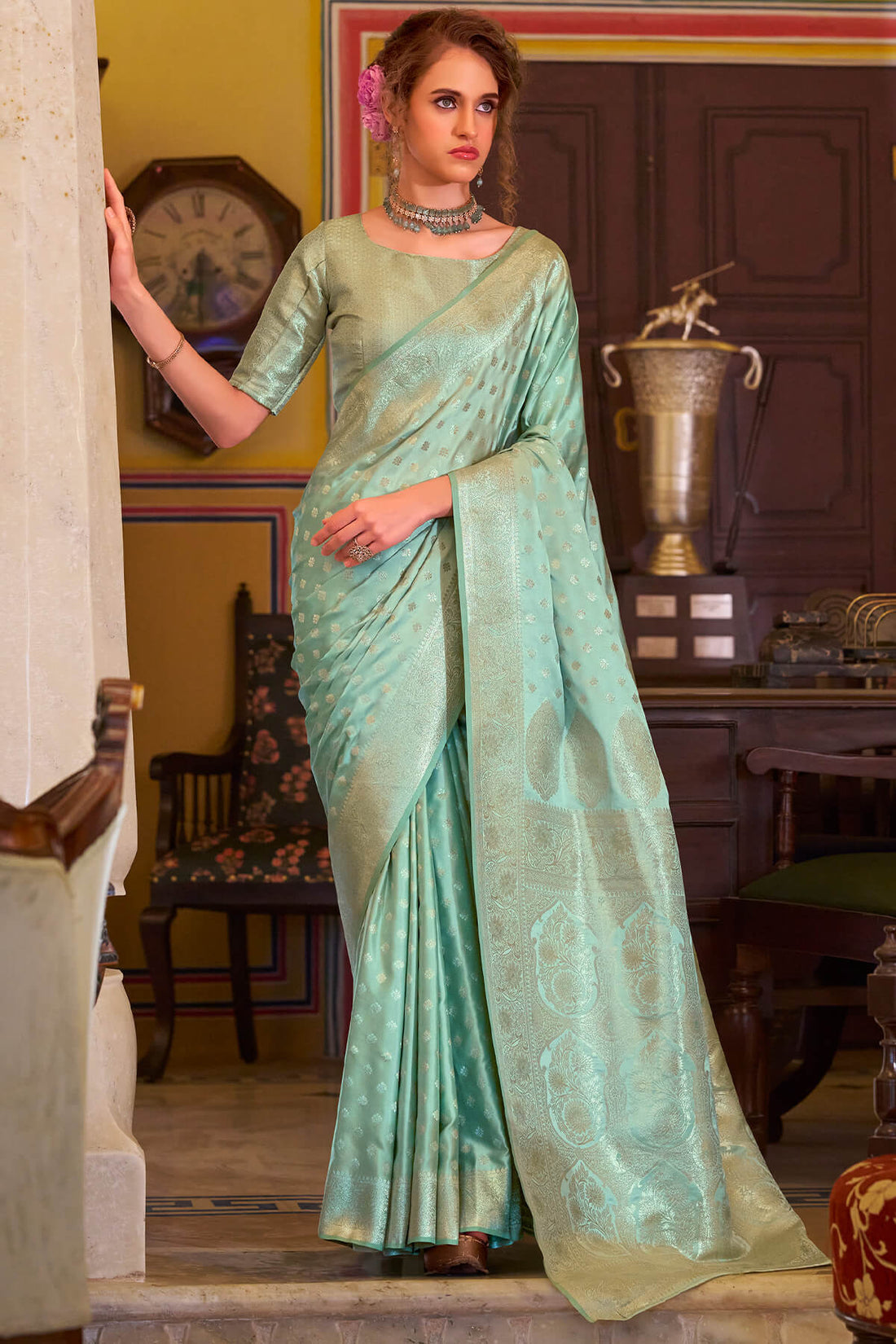 Redolent Sea Green Banarasi Satin Silk Saree With Ethnic Blouse