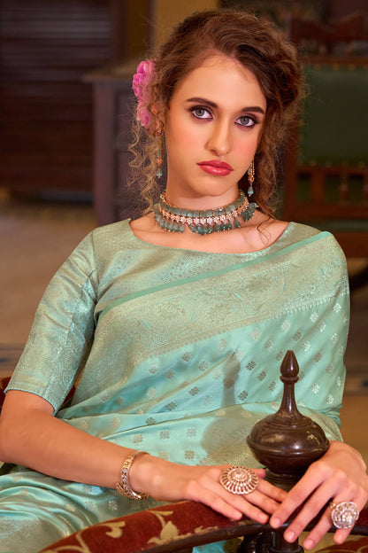 Redolent Sea Green Banarasi Satin Silk Saree With Ethnic Blouse