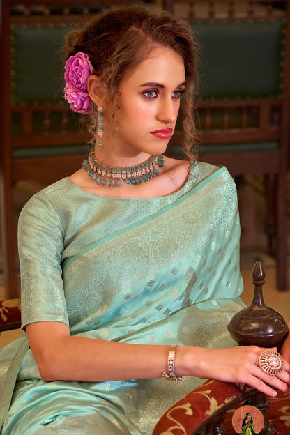 Redolent Sea Green Banarasi Satin Silk Saree With Ethnic Blouse