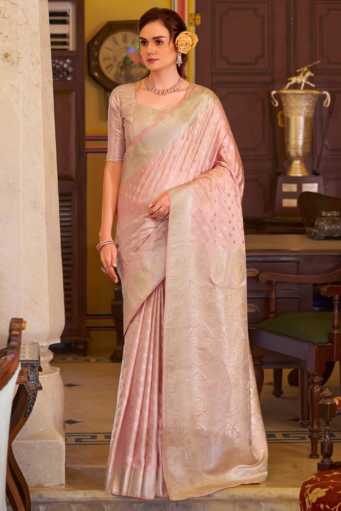 Preferable Baby Pink Banarasi Satin Silk Saree With Ideal Blouse