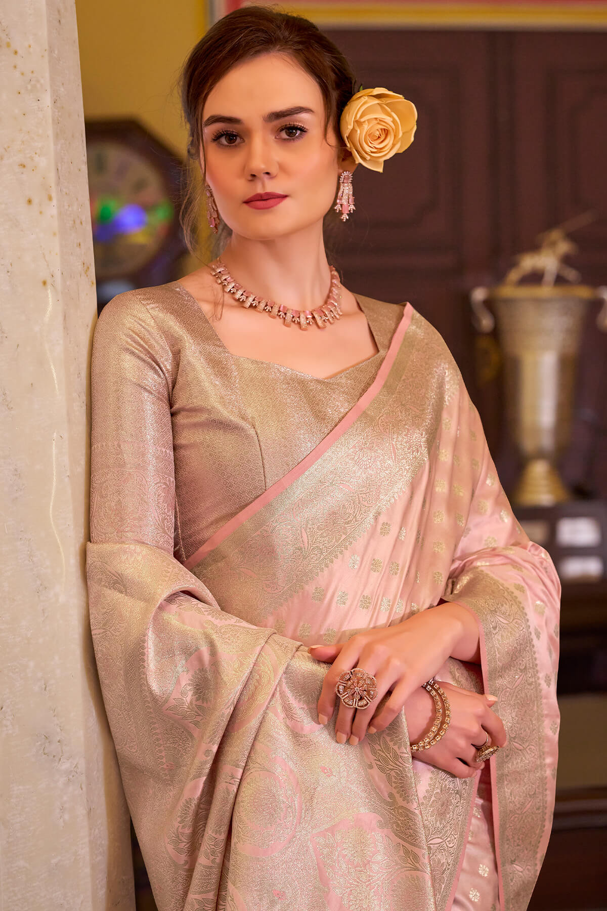 Preferable Baby Pink Banarasi Satin Silk Saree With Ideal Blouse