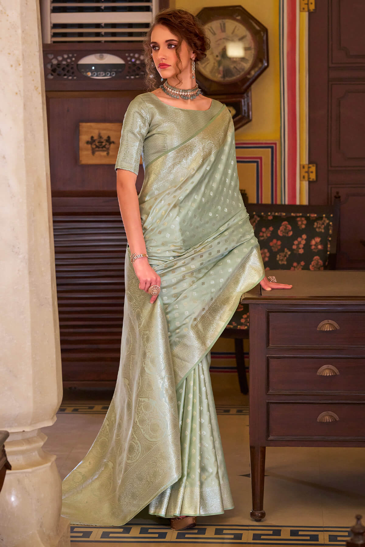 Gratifying Pista Banarasi Satin Silk Saree With Prominent Blouse