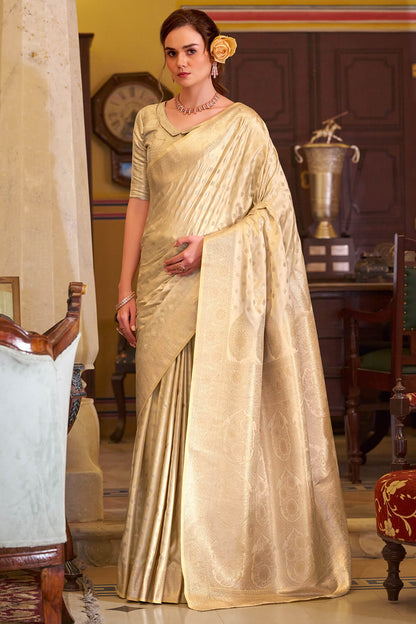 Imbrication Beige Banarasi Satin Silk Saree With Smashing Blouse