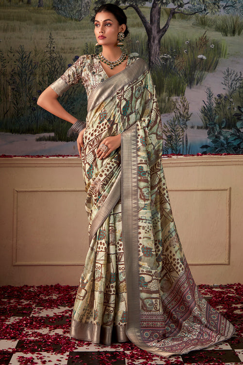 Load image into Gallery viewer, Demure Pista Digital Printed Tussar Silk Saree With Elision Blouse Piece
