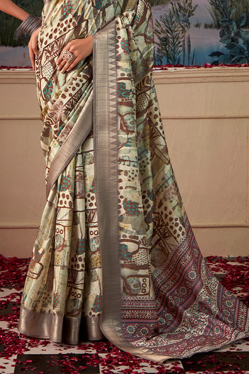 Load image into Gallery viewer, Demure Pista Digital Printed Tussar Silk Saree With Elision Blouse Piece
