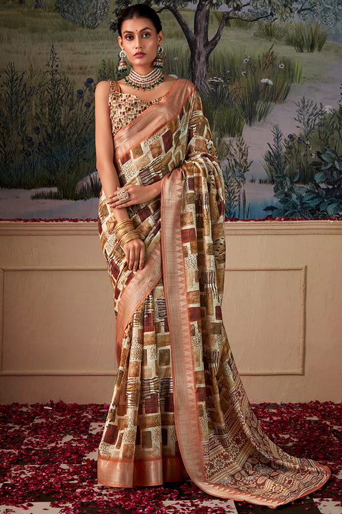 Load image into Gallery viewer, Moiety Brown Digital Printed Tussar Silk Saree With Sumptuous Blouse Piece
