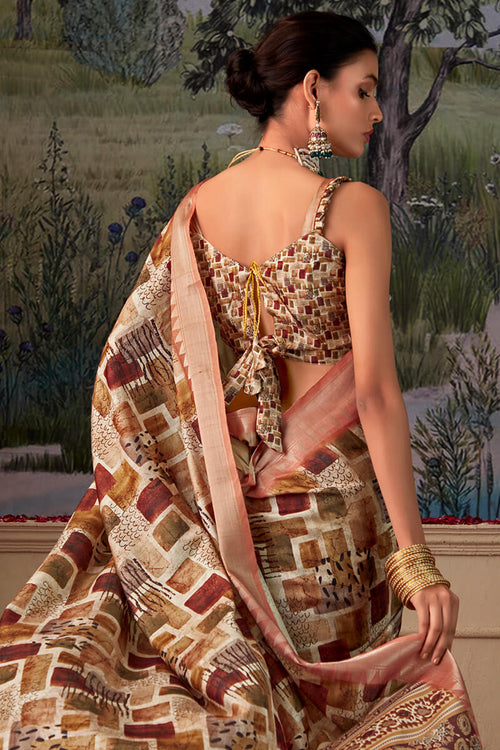 Load image into Gallery viewer, Moiety Brown Digital Printed Tussar Silk Saree With Sumptuous Blouse Piece
