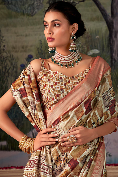 Load image into Gallery viewer, Moiety Brown Digital Printed Tussar Silk Saree With Sumptuous Blouse Piece
