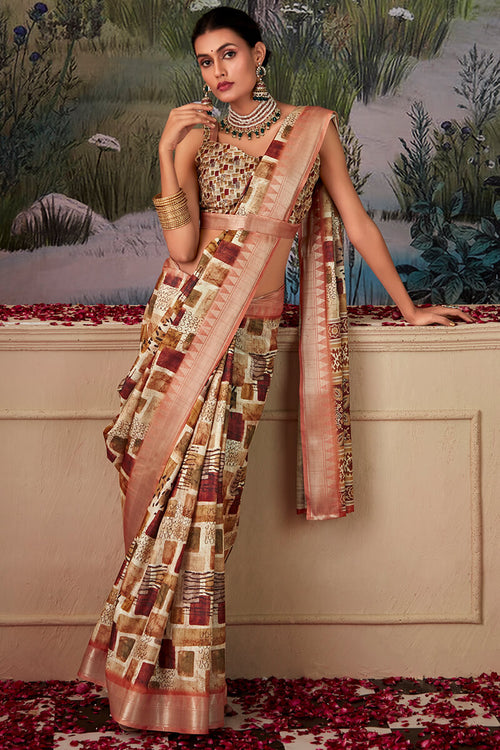 Load image into Gallery viewer, Moiety Brown Digital Printed Tussar Silk Saree With Sumptuous Blouse Piece
