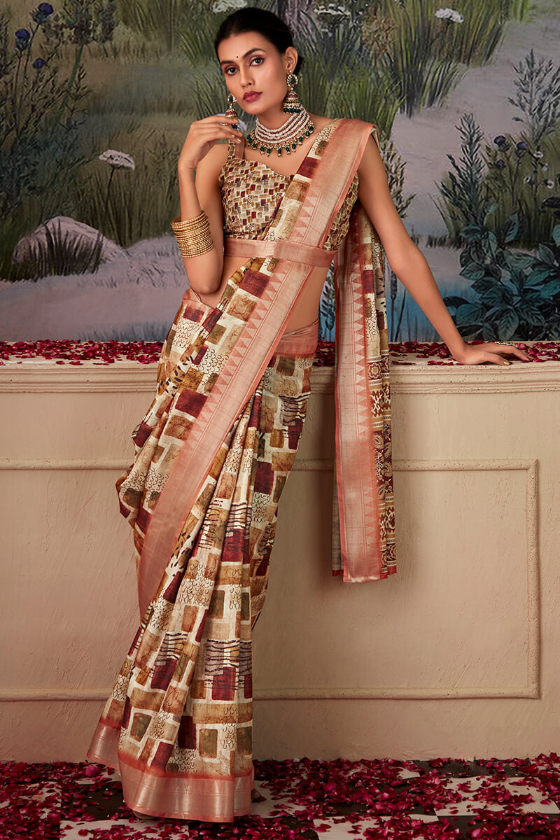 Moiety Brown Digital Printed Tussar Silk Saree With Sumptuous Blouse Piece