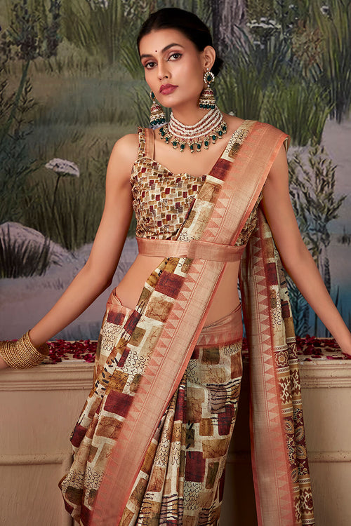 Load image into Gallery viewer, Moiety Brown Digital Printed Tussar Silk Saree With Sumptuous Blouse Piece
