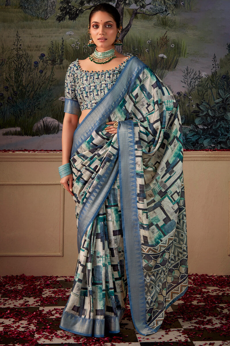 Splendiferous Firozi Digital Printed Tussar Silk Saree With Prodigal Blouse Piece