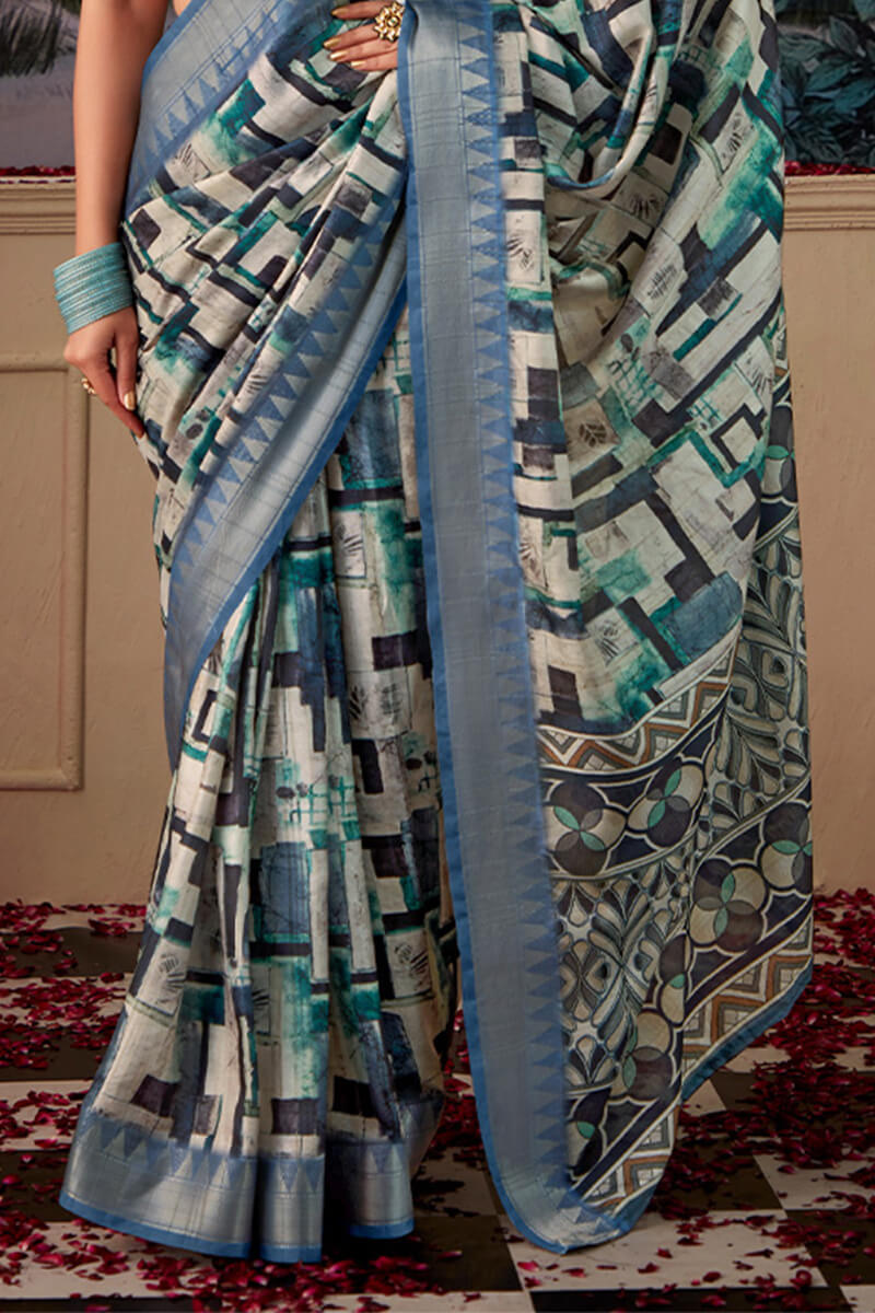 Splendiferous Firozi Digital Printed Tussar Silk Saree With Prodigal Blouse Piece