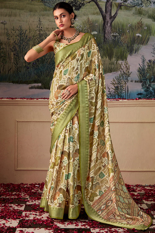 Load image into Gallery viewer, Radiant Mehndi Digital Printed Tussar Silk Saree With Glamorous Blouse Piece
