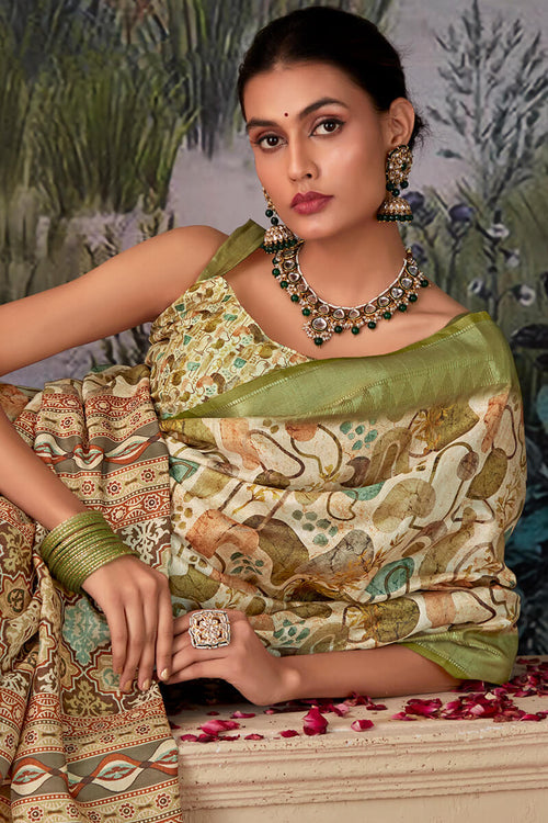 Load image into Gallery viewer, Radiant Mehndi Digital Printed Tussar Silk Saree With Glamorous Blouse Piece
