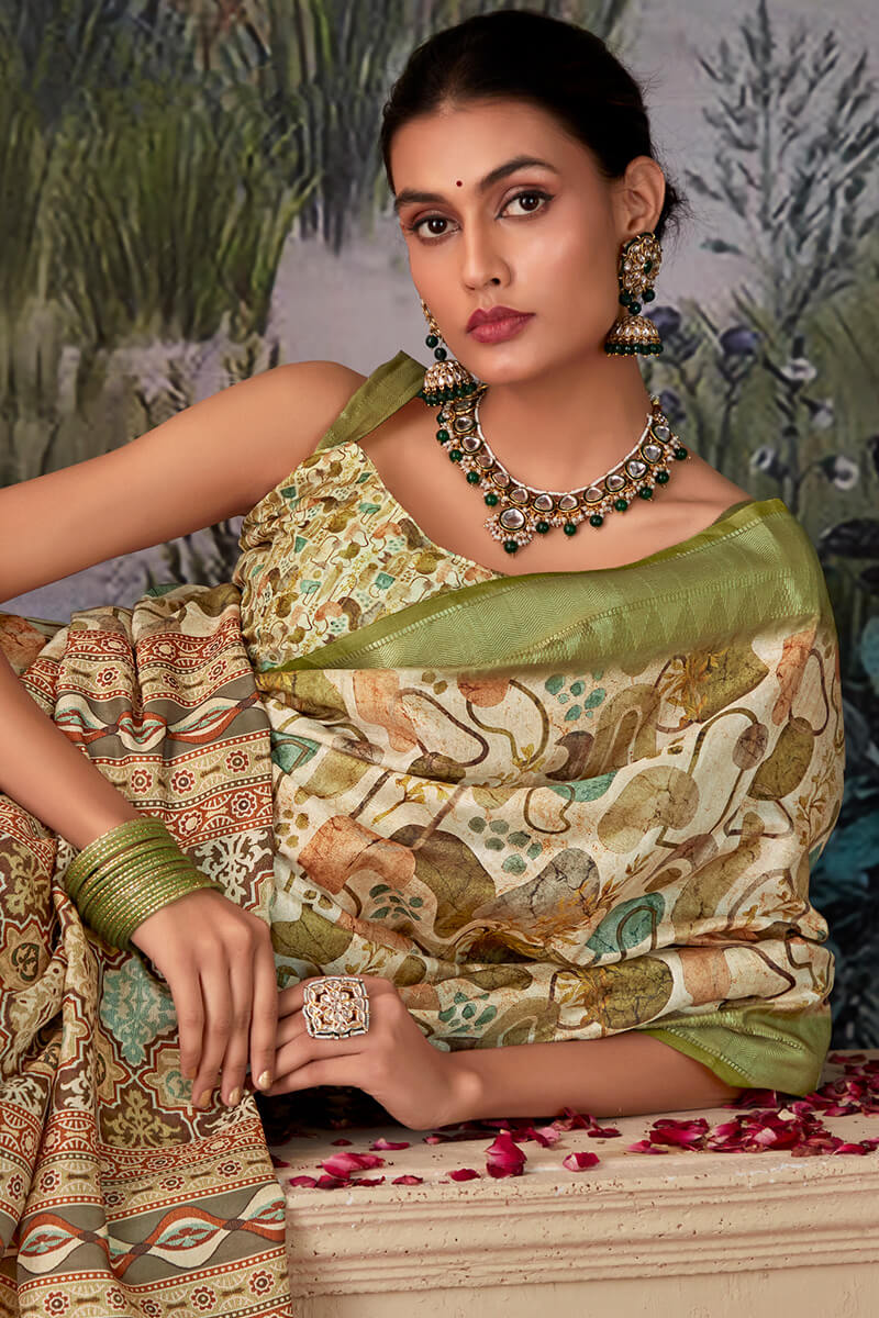 Radiant Mehndi Digital Printed Tussar Silk Saree With Glamorous Blouse Piece