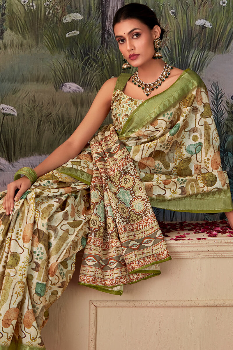 Radiant Mehndi Digital Printed Tussar Silk Saree With Glamorous Blouse Piece