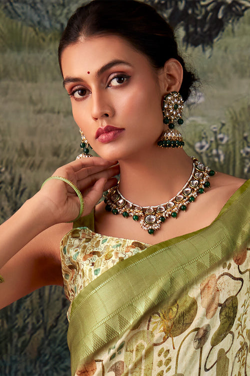 Load image into Gallery viewer, Radiant Mehndi Digital Printed Tussar Silk Saree With Glamorous Blouse Piece
