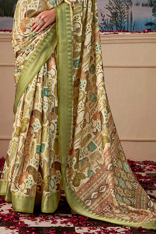 Load image into Gallery viewer, Radiant Mehndi Digital Printed Tussar Silk Saree With Glamorous Blouse Piece
