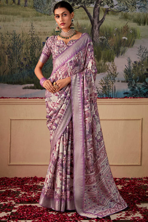 Load image into Gallery viewer, Cynosure Lavender Digital Printed Tussar Silk Saree With Mellifluous Blouse Piece
