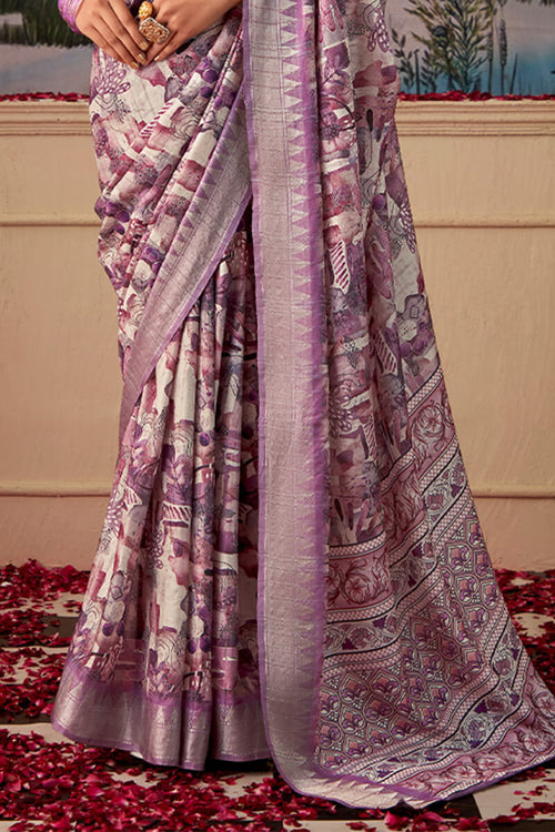 Load image into Gallery viewer, Cynosure Lavender Digital Printed Tussar Silk Saree With Mellifluous Blouse Piece
