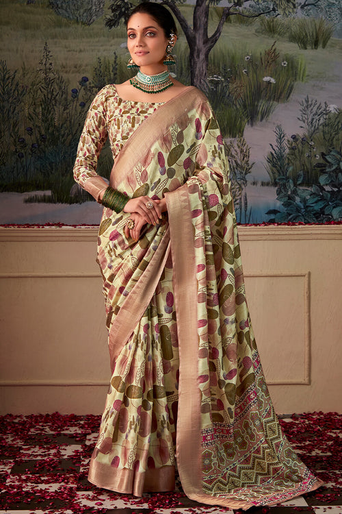 Load image into Gallery viewer, Winsome Pista Digital Printed Tussar Silk Saree With Rhapsodic Blouse Piece
