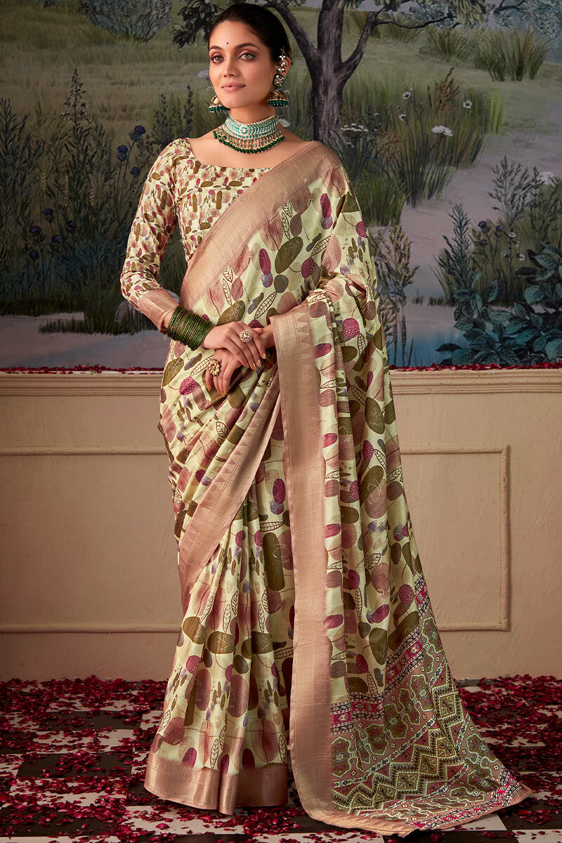 Winsome Pista Digital Printed Tussar Silk Saree With Rhapsodic Blouse Piece