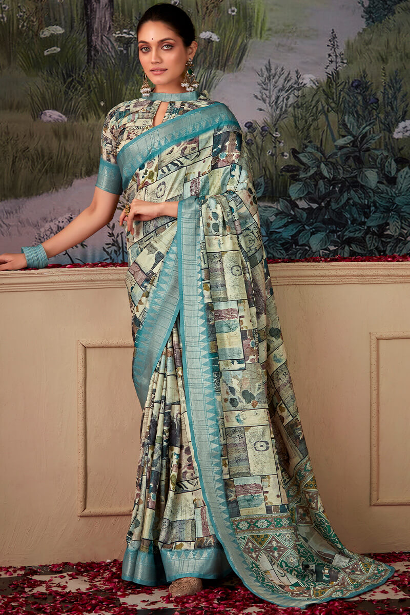 Proficient Sky Digital Printed Tussar Silk Saree With Snazzy Blouse Piece