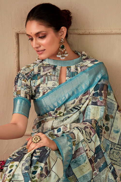 Load image into Gallery viewer, Proficient Sky Digital Printed Tussar Silk Saree With Snazzy Blouse Piece
