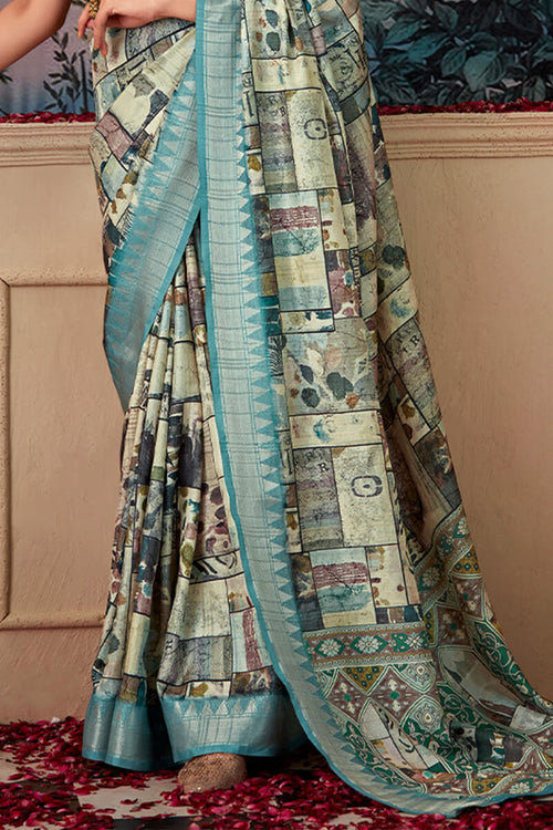 Load image into Gallery viewer, Proficient Sky Digital Printed Tussar Silk Saree With Snazzy Blouse Piece
