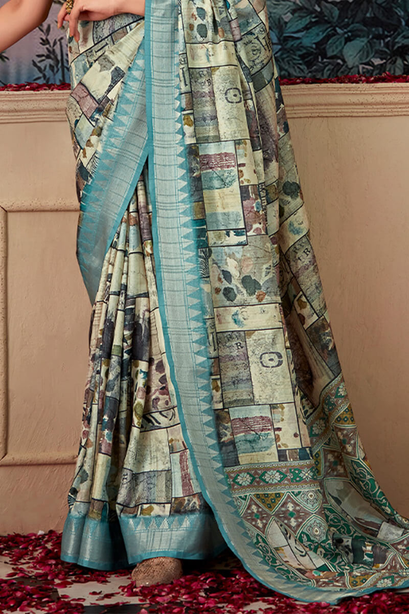 Proficient Sky Digital Printed Tussar Silk Saree With Snazzy Blouse Piece